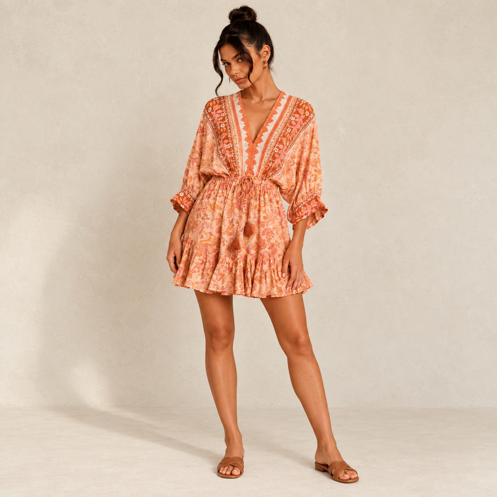 AAKAA Coral Floral Kimono Mini Dress Tassel Tie Ruffle Boho NWT